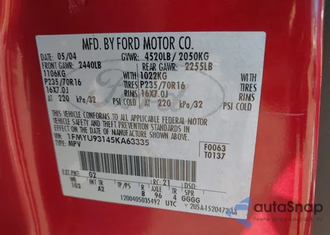 2005 Ford Escape Xlt из США, поврежденный, VIN 1FMYU93145KA63335